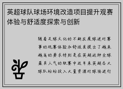 英超球队球场环境改造项目提升观赛体验与舒适度探索与创新